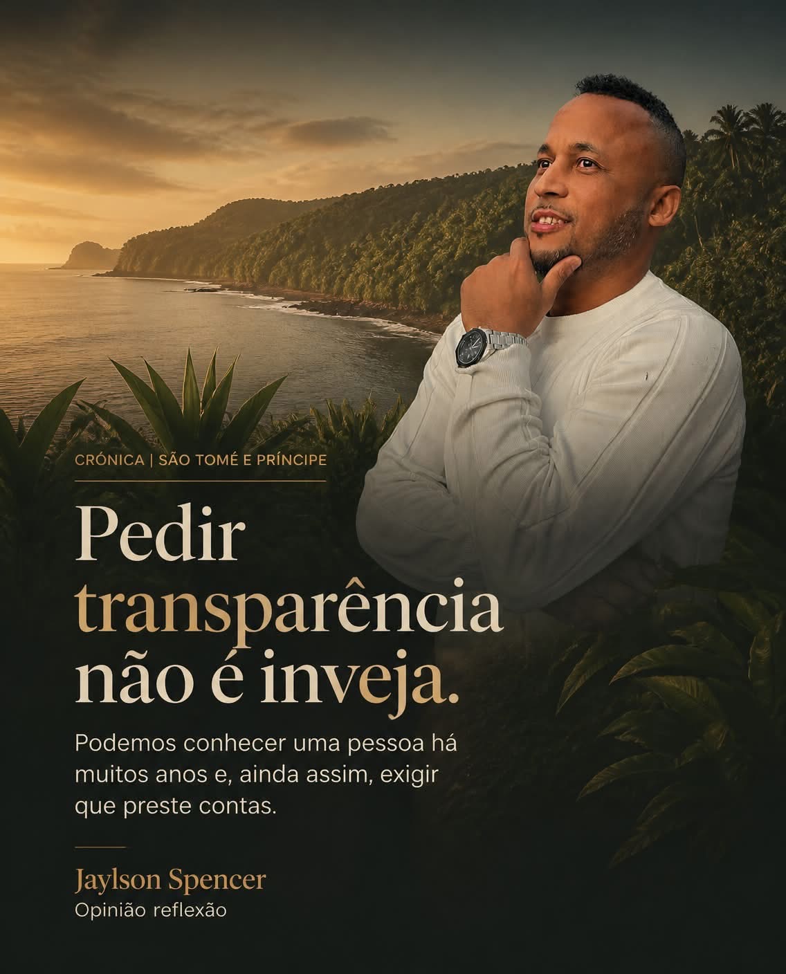 Jaylson Spencer junto à paisagem costeira de São Tomé e Príncipe